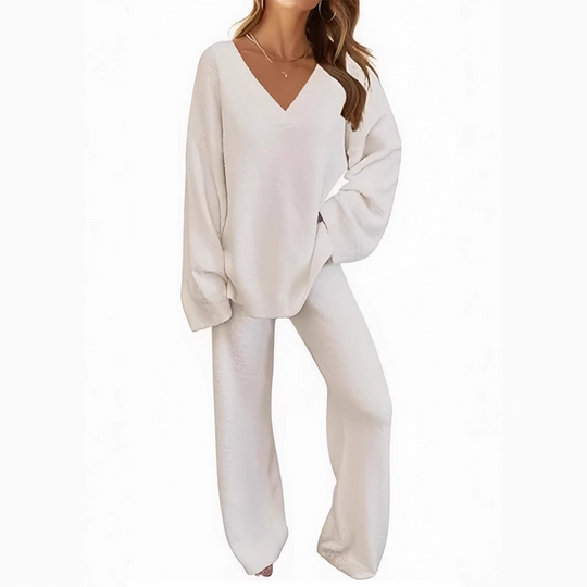Ensemble pull à col en V et pantalon à manches longues pour femme