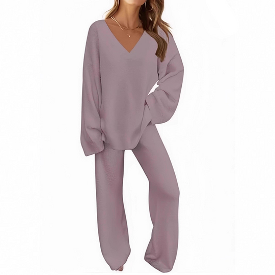 Ensemble pull à col en V et pantalon à manches longues pour femme