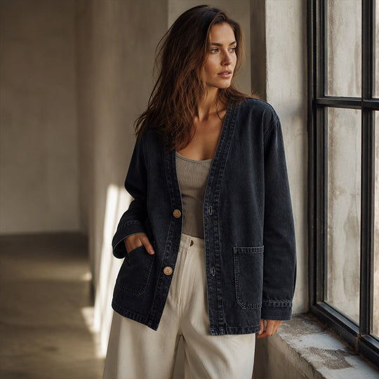 Cardigan en jean décontracté à col V pour femme