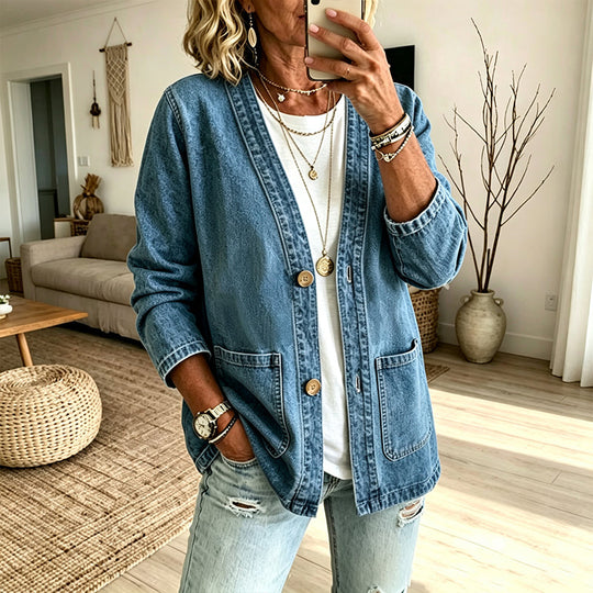 Cardigan en jean décontracté à col V pour femme