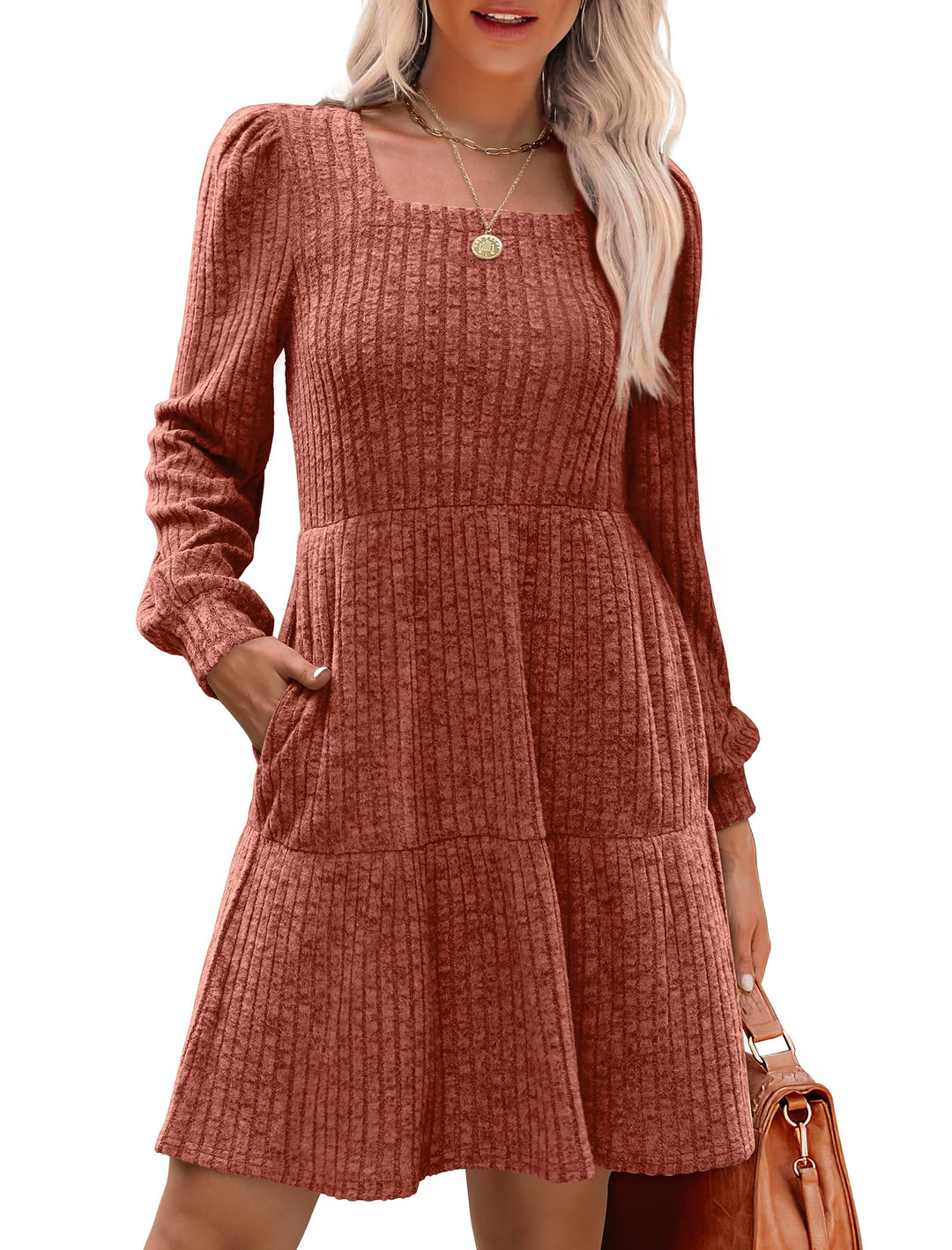 Robe côtelée à col carré et manches lanternes pour femmes