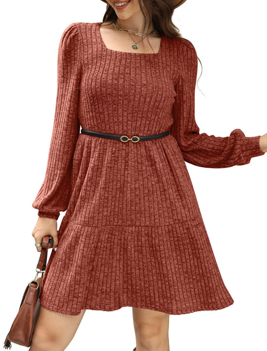 Robe côtelée à col carré et manches lanternes pour femmes