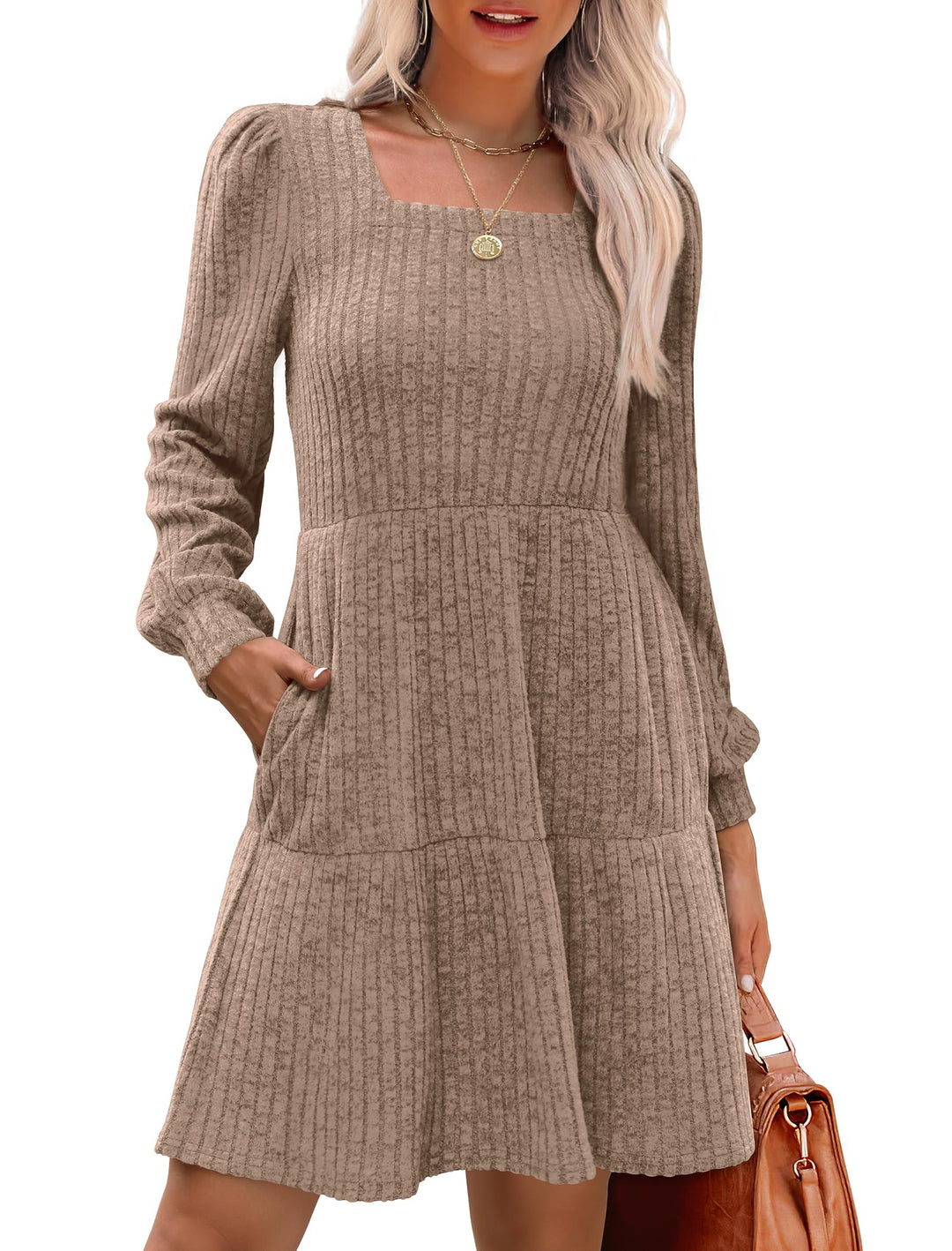 Robe côtelée à col carré et manches lanternes pour femmes