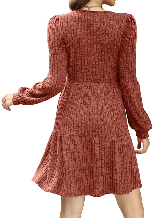 Robe côtelée à col carré et manches lanternes pour femmes