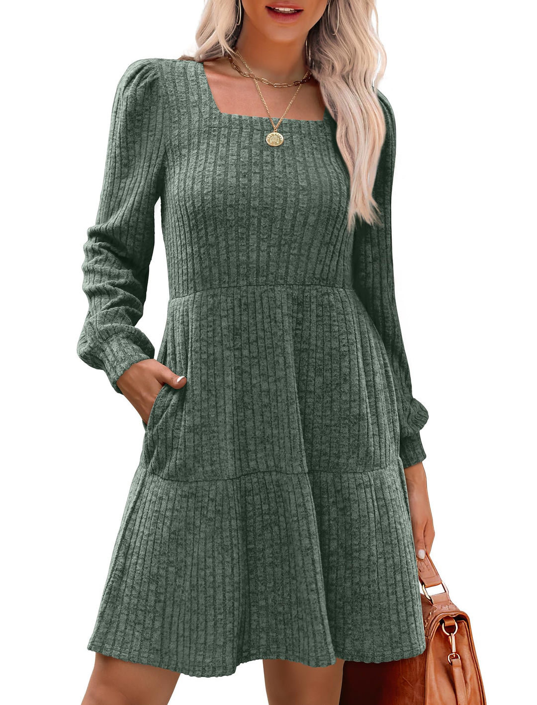 Robe côtelée à col carré et manches lanternes pour femmes