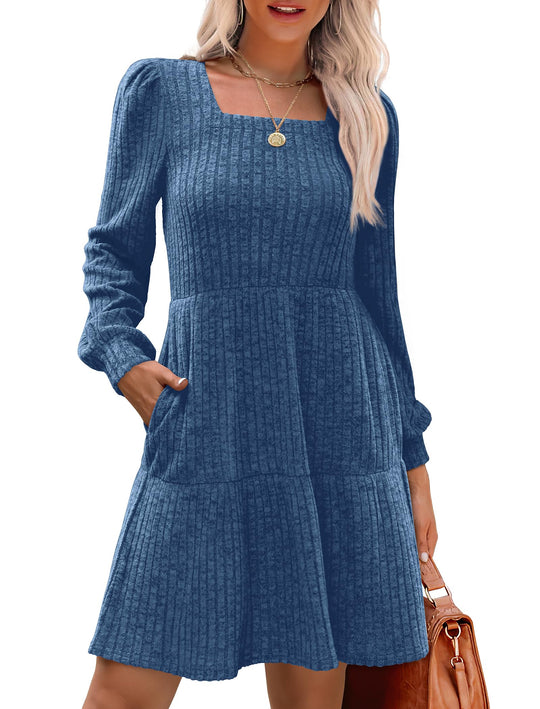Robe côtelée à col carré et manches lanternes pour femmes