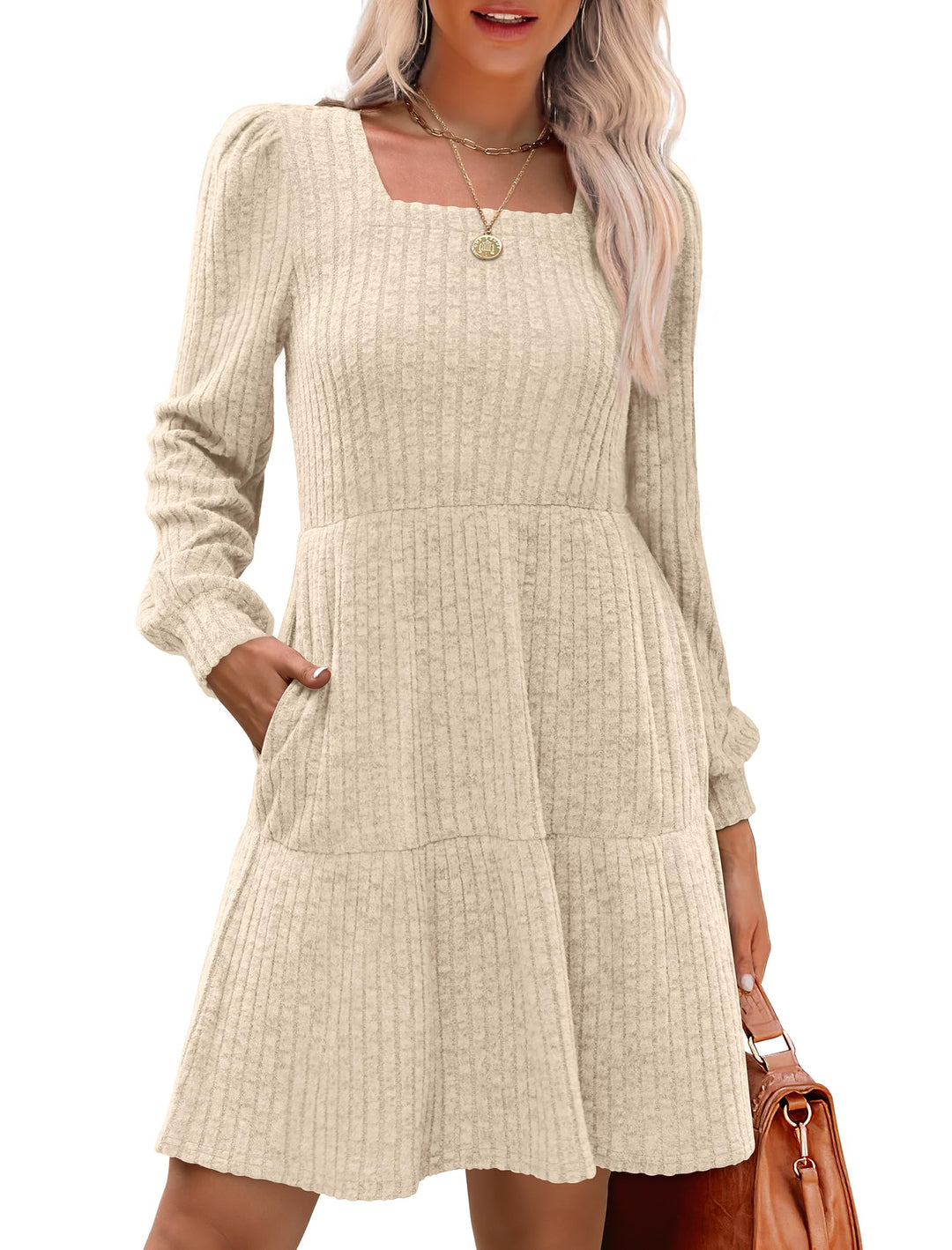 Robe côtelée à col carré et manches lanternes pour femmes