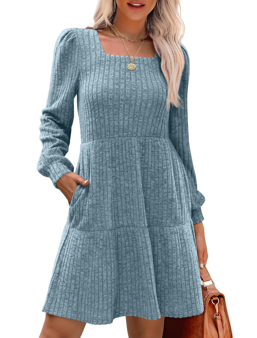 Robe côtelée à col carré et manches lanternes pour femmes