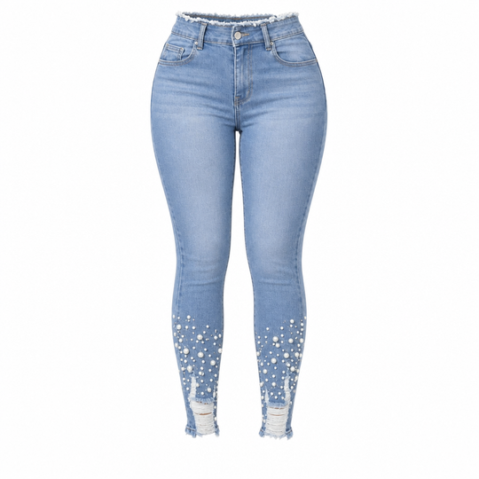 Jean skinny ajusté pour femme, bleu clair, orné de perles, avec taille effilochée et bords déchirés à la cheville