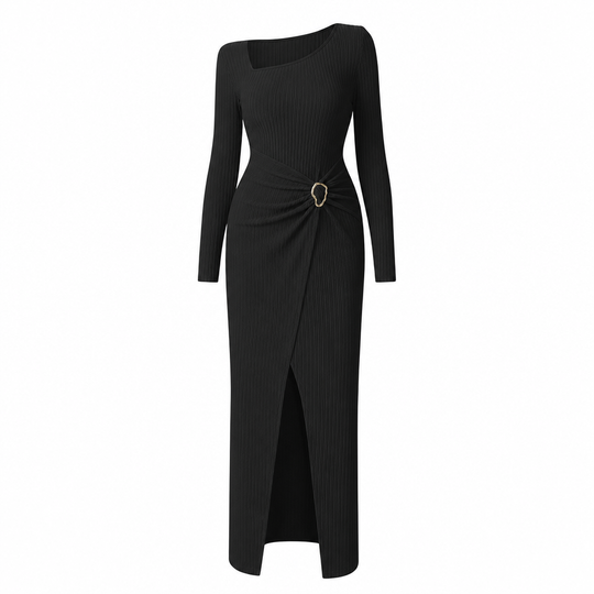 Robe longue en maille texturée unisexe pour femme, col irrégulier, automne-hiver