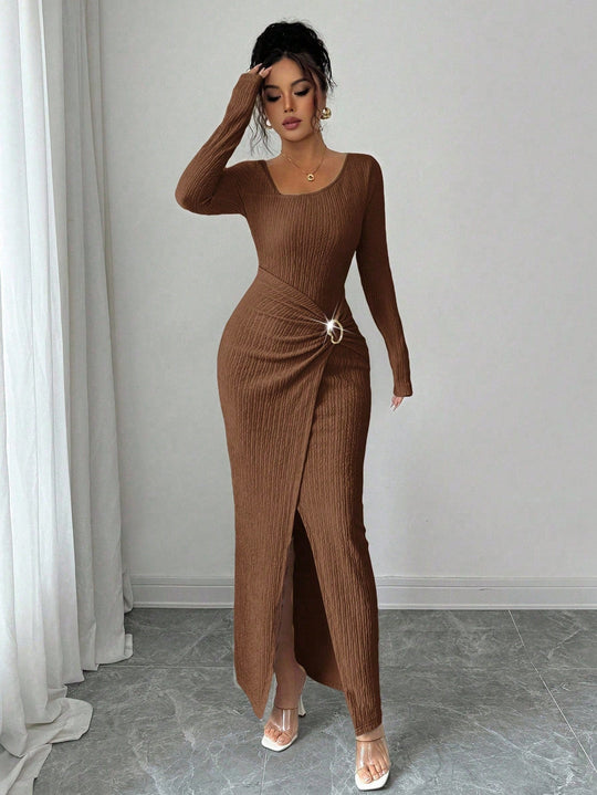 Robe longue en maille texturée unisexe pour femme, col irrégulier, automne-hiver
