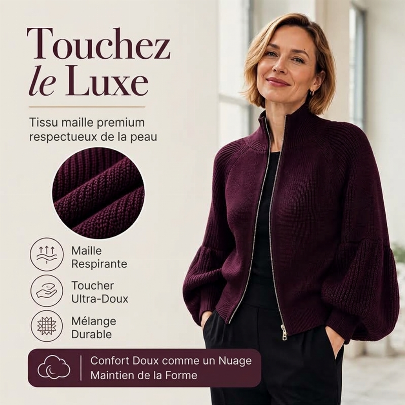 Pull en maille femme à manches bouffantes et fermeture éclair
