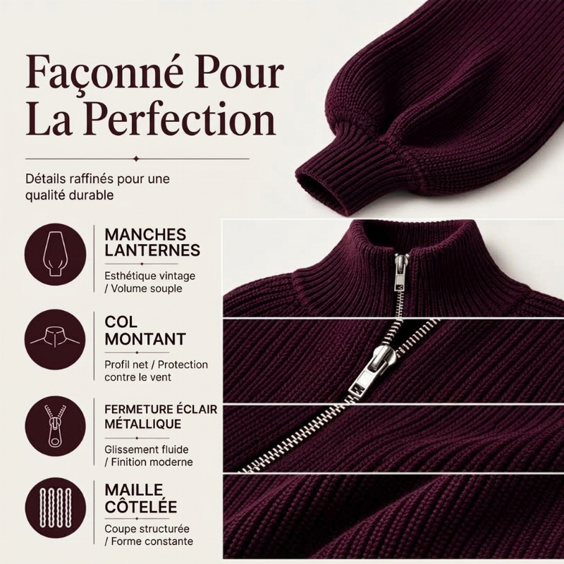 Pull en maille femme à manches bouffantes et fermeture éclair