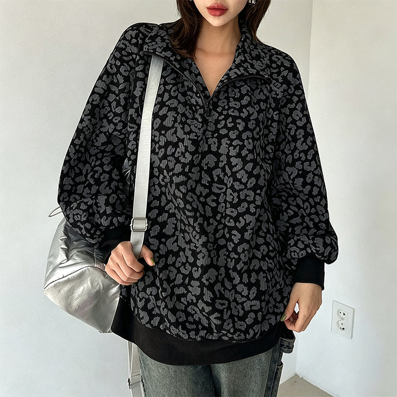 Sweat à col demi-zèbre pour femme à imprimé léopard
