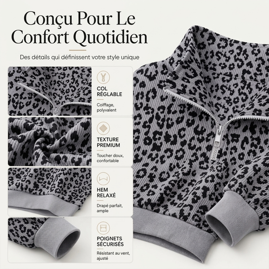 Sweat à col demi-zèbre pour femme à imprimé léopard