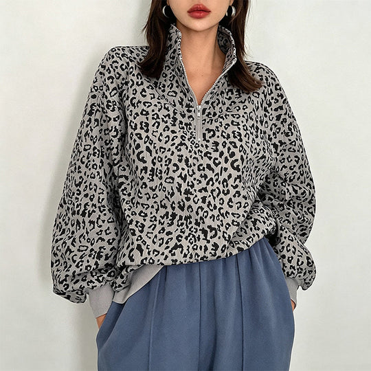 Sweat à col demi-zèbre pour femme à imprimé léopard