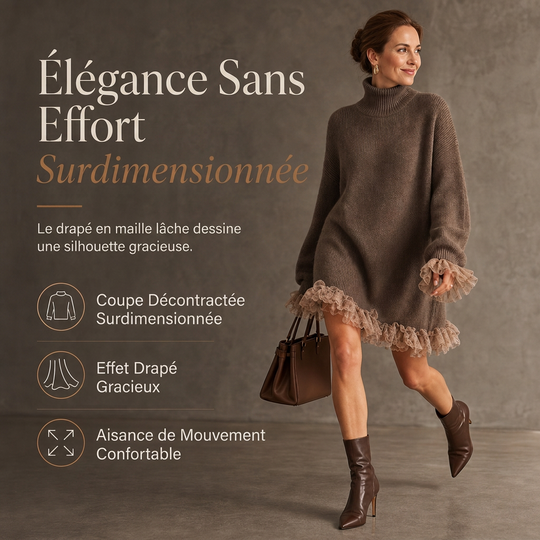 Robe pulls oversize en maille à col montant et bordure volant en tulle
