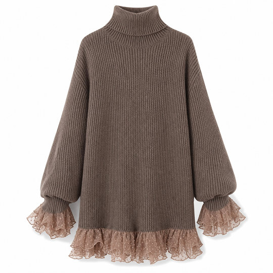 Robe pulls oversize en maille à col montant et bordure volant en tulle