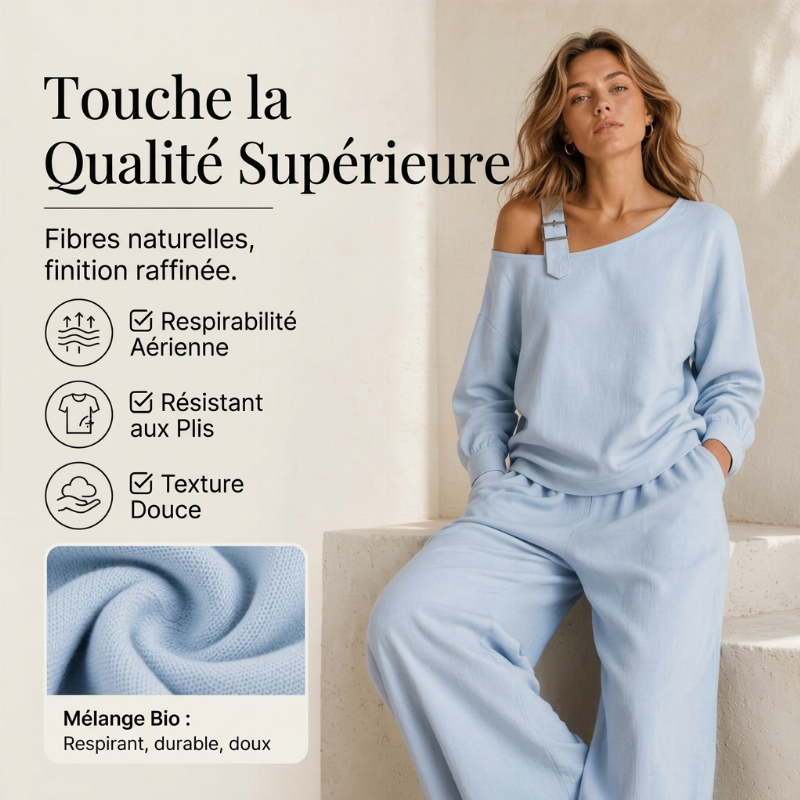 Ensemble élégant femme : haut asymétrique à une épaule et pantalon à jambe large