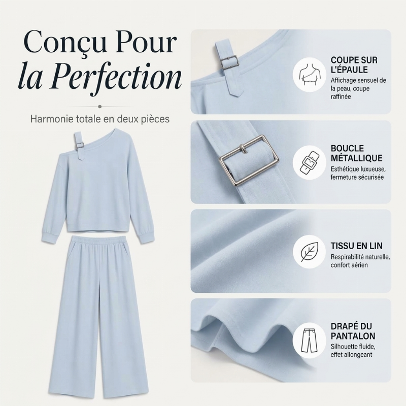 Ensemble élégant femme : haut asymétrique à une épaule et pantalon à jambe large