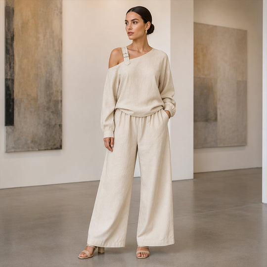 Ensemble élégant femme : haut asymétrique à une épaule et pantalon à jambe large