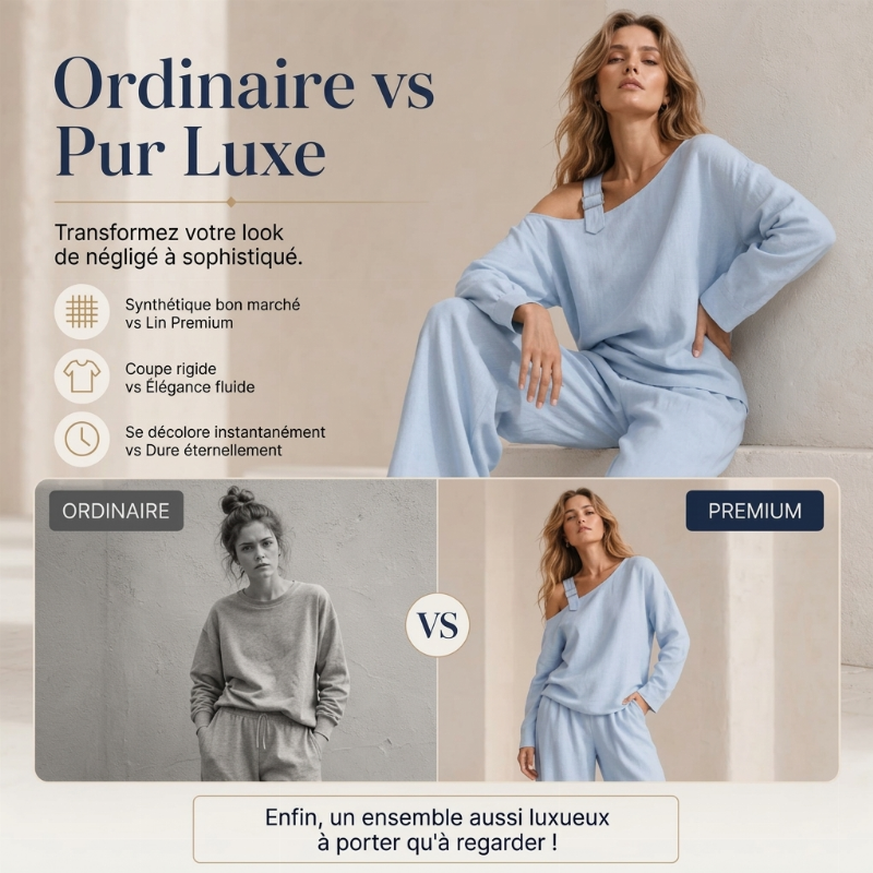 Ensemble élégant femme : haut asymétrique à une épaule et pantalon à jambe large
