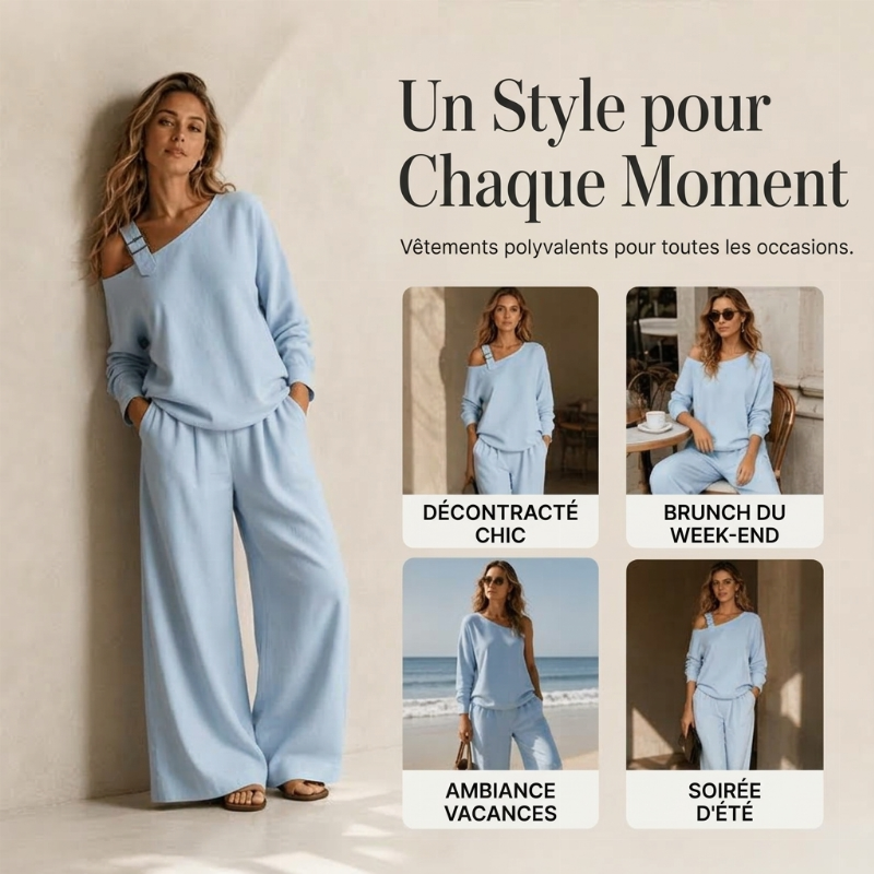 Ensemble élégant femme : haut asymétrique à une épaule et pantalon à jambe large