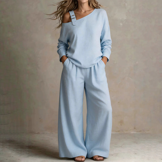 Ensemble élégant femme : haut asymétrique à une épaule et pantalon à jambe large