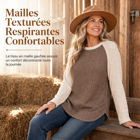 Haut en maille à manches longues raglan de style Western Ranch pour femme, en tissu gaufre texturé avec ourlet incurvé