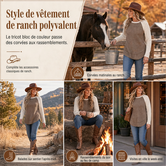 Haut en maille à manches longues raglan de style Western Ranch pour femme, en tissu gaufre texturé avec ourlet incurvé