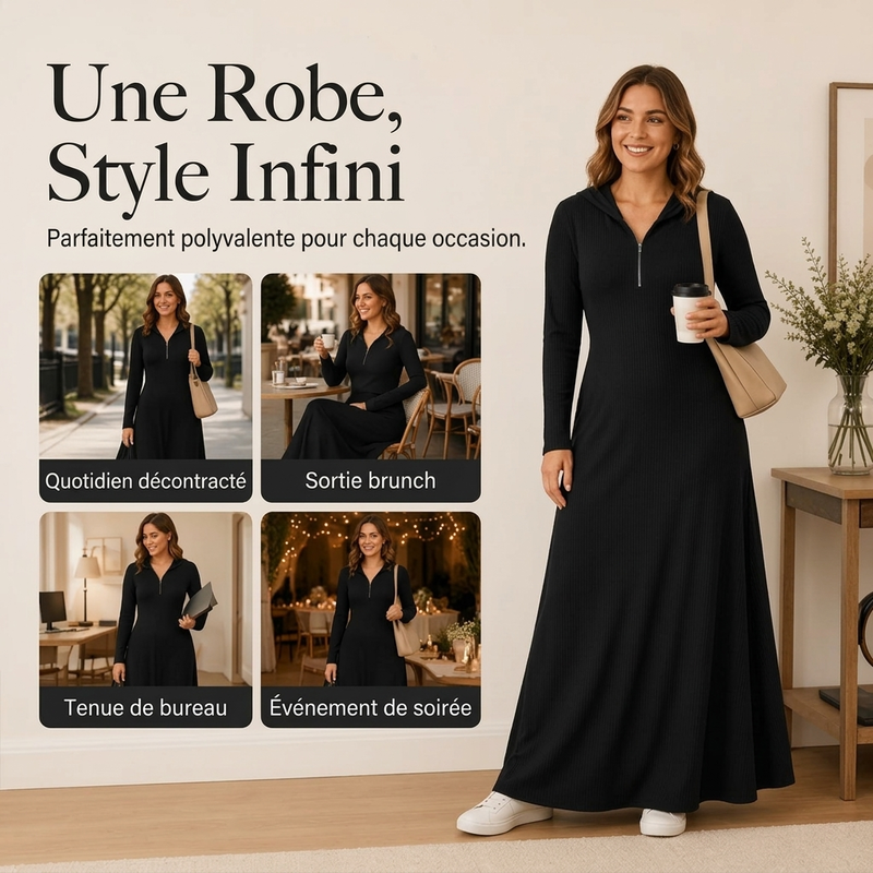 Robe longue en maille côtelée à capuche pour femme