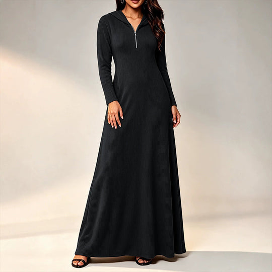 Robe longue en maille côtelée à capuche pour femme