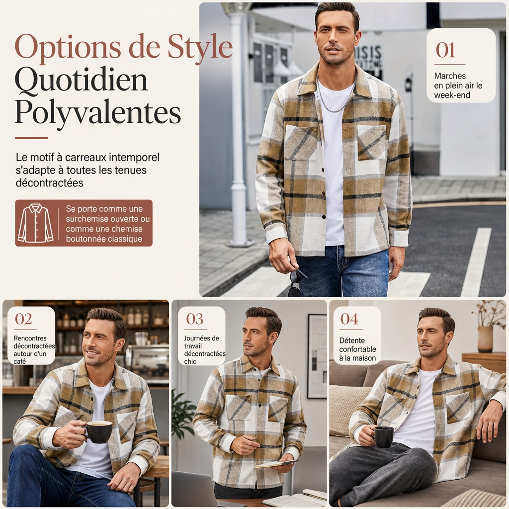 Chemise casual à carreaux en flanelle pour homme