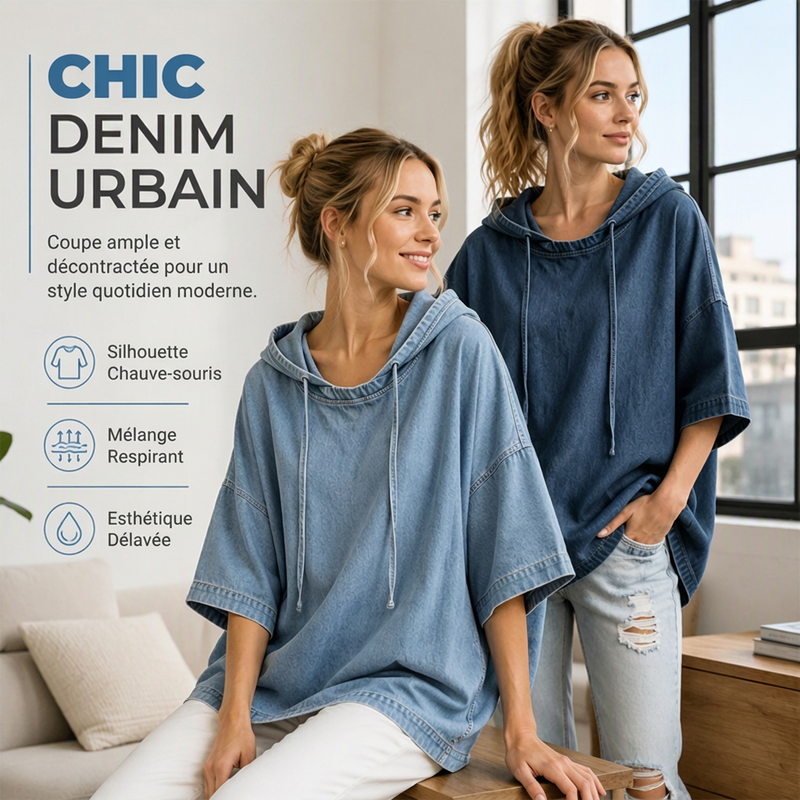 Sweat à capuche en jean décontracté et ample pour femme