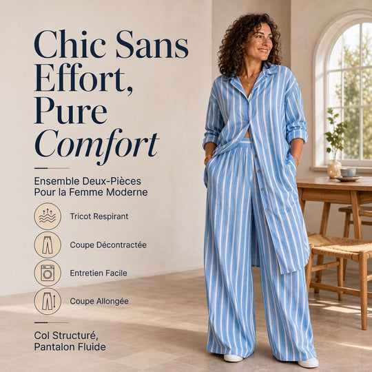 Ensemble pour femme composé d'une chemise rayée allongée et d'un pantalon à jambe large