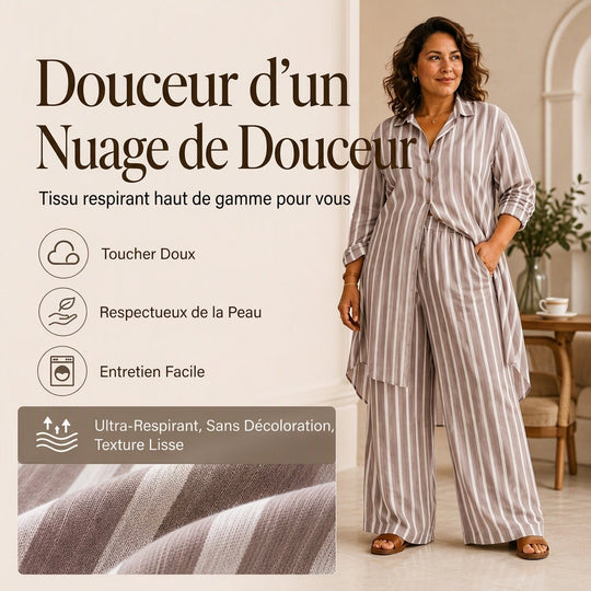 Ensemble pour femme composé d'une chemise rayée allongée et d'un pantalon à jambe large