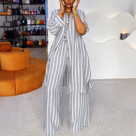 Ensemble pour femme composé d'une chemise rayée allongée et d'un pantalon à jambe large