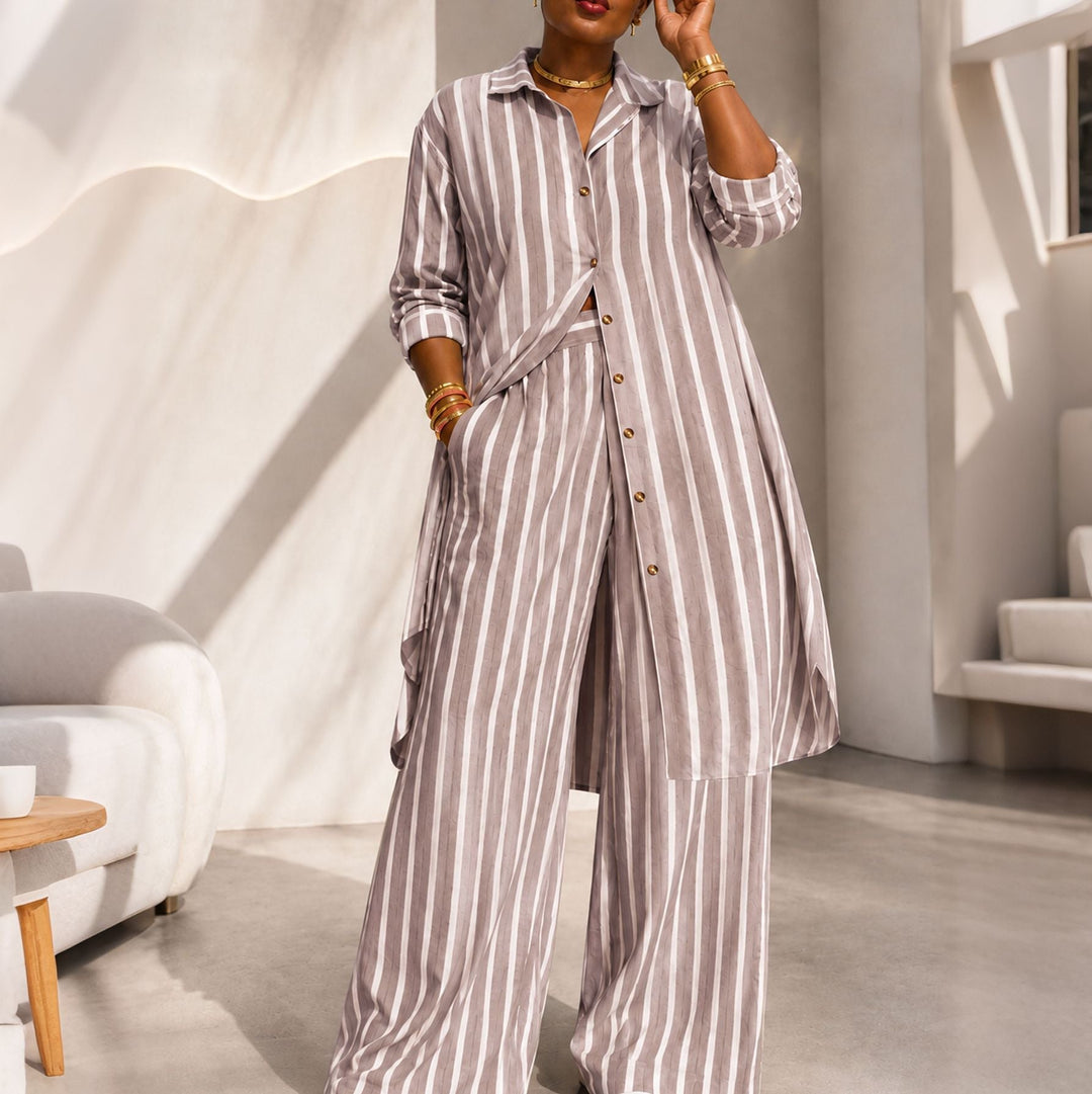 Ensemble pour femme composé d'une chemise rayée allongée et d'un pantalon à jambe large