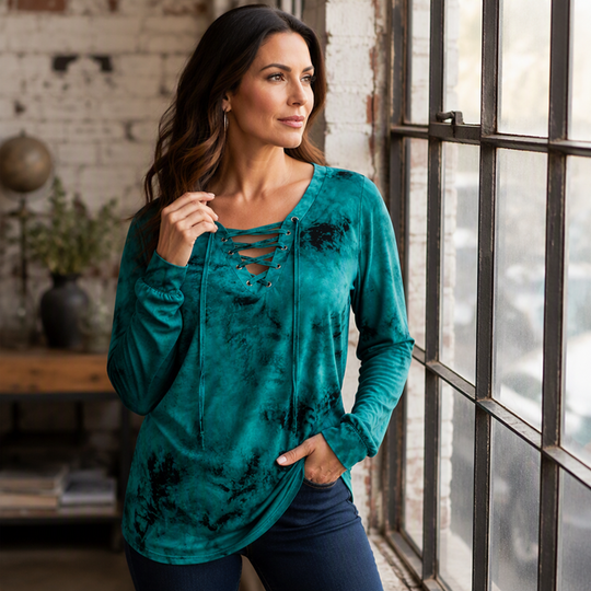 Haut pour femme à col V, à lacets et imprimé tie-dye