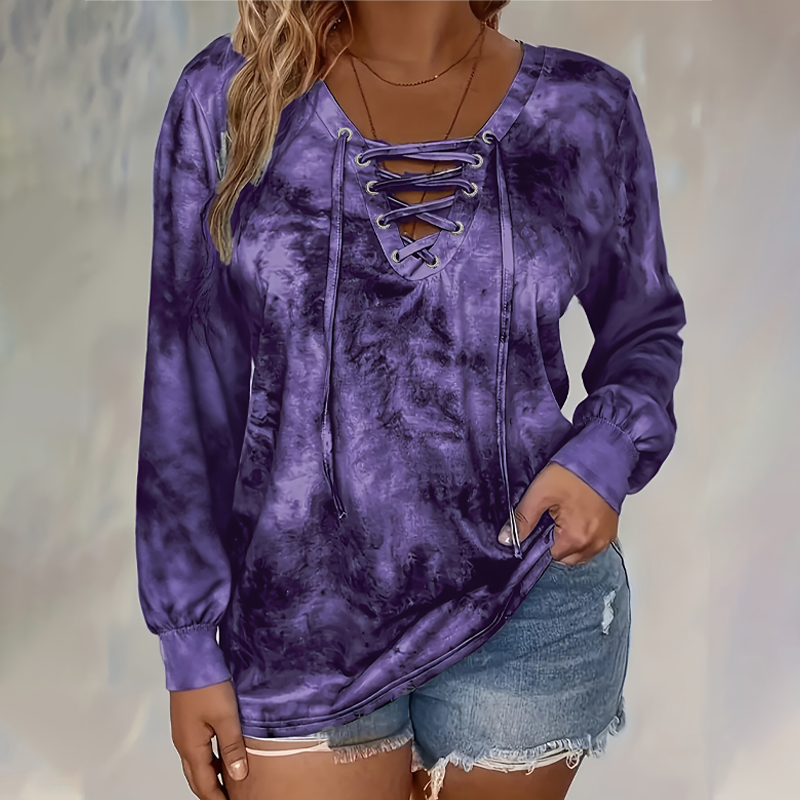 Haut pour femme à col V, à lacets et imprimé tie-dye