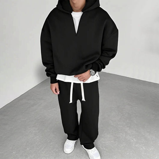 Ensemble à la mode pour homme : sweat à capuche demi-zip et pantalon large