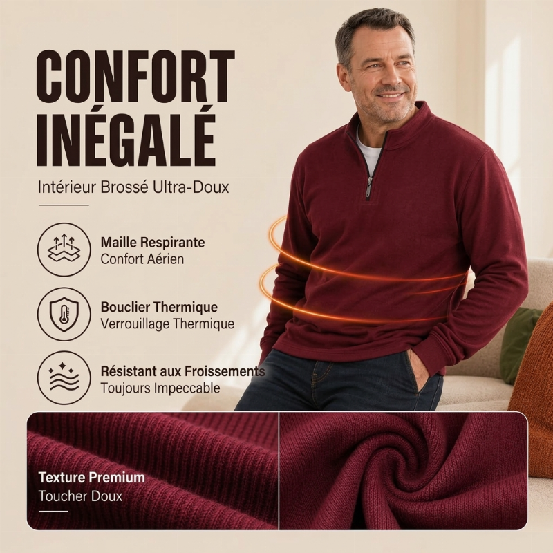 Sweat-shirt côtelé à demi-zip pour homme avec doublure chaude