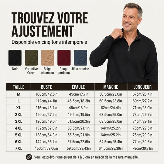 Sweat-shirt côtelé à demi-zip pour homme avec doublure chaude