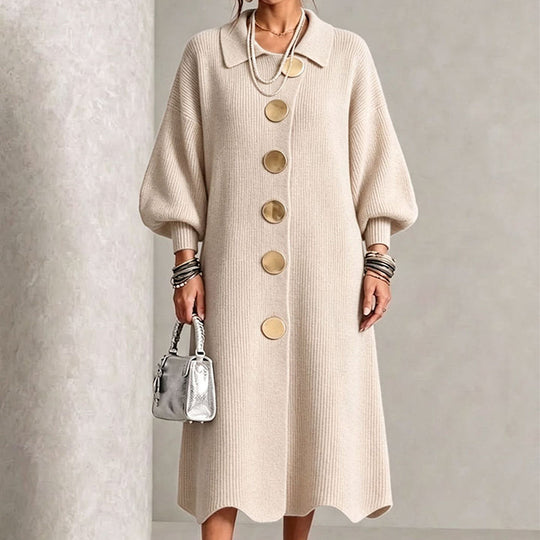 Robe longue en maille côtelée à manches bouffantes pour femme