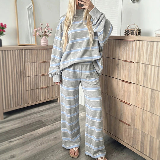 Ensemble haut rayé à col montant pour femme et pantalon à jambe large