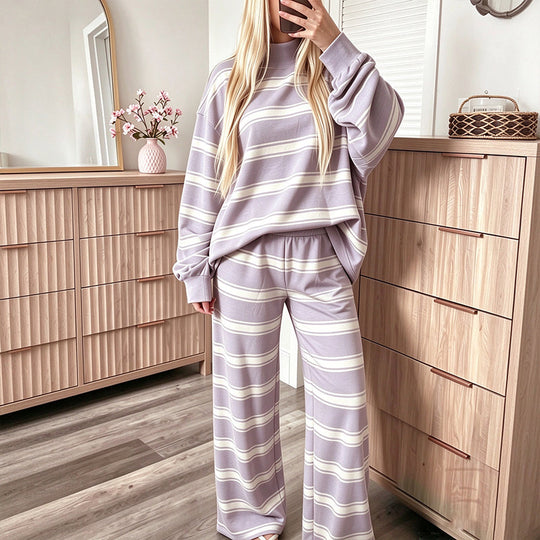 Ensemble haut rayé à col montant pour femme et pantalon à jambe large