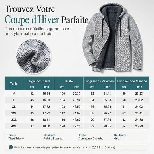 Cardigan en triqué à carreaux pour homme, doublure molletonnée, à capuche, manteau épais à manches longues pour l'hiver