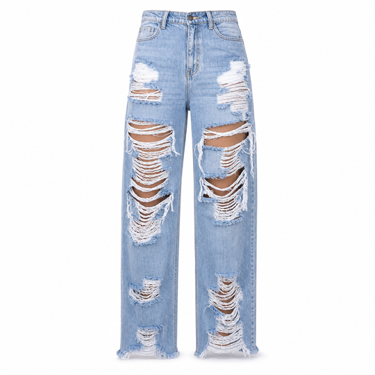 Jean en denim pour femme, à coupe droite, effet usé et déchiré