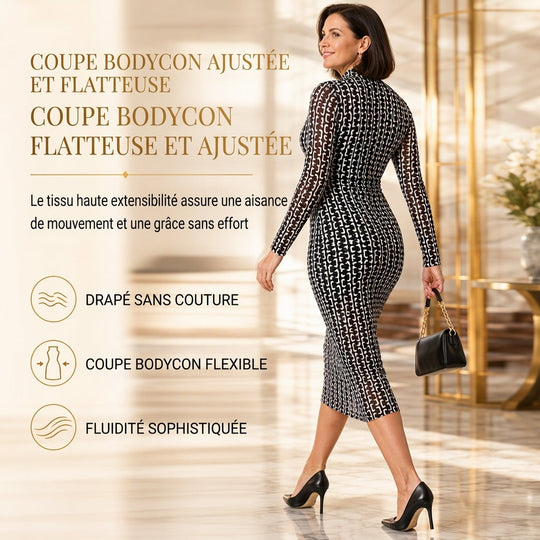 Ensemble robe 2 pièces pour femme, composé d'une robe midi moulante à manches longues en maille filet avec imprimé à motif de chaînes et d'une robe slips intérieure