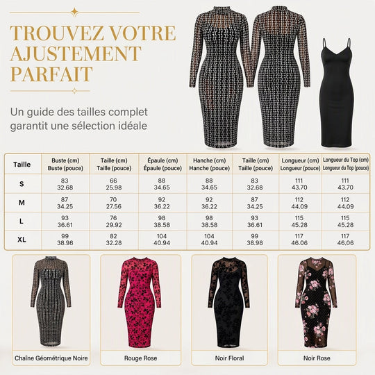 Ensemble robe 2 pièces pour femme, composé d'une robe midi moulante à manches longues en maille filet avec imprimé à motif de chaînes et d'une robe slips intérieure